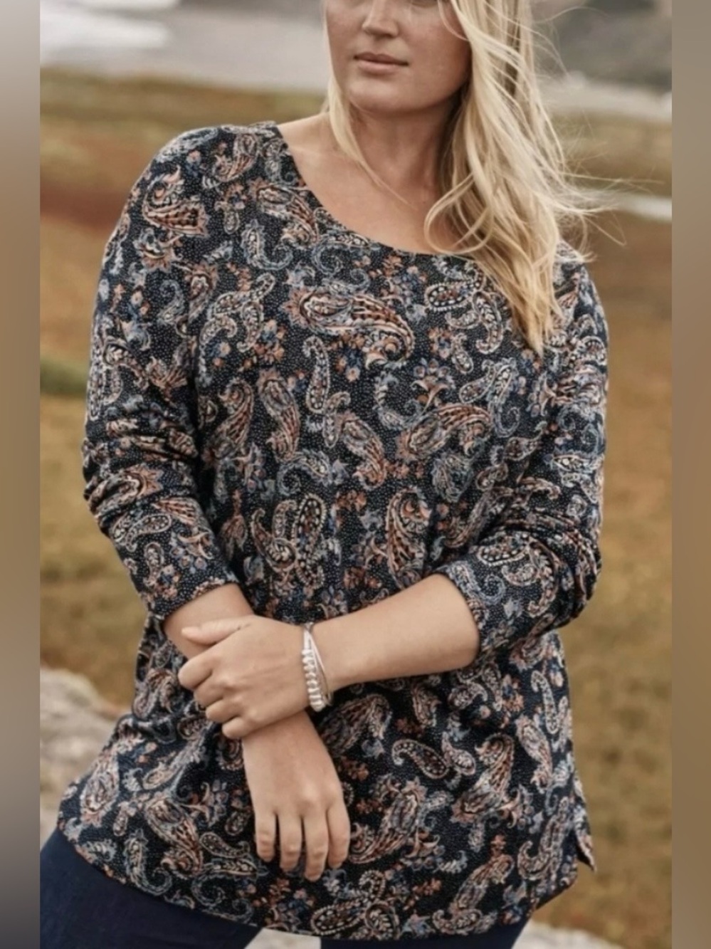 J. Jill Simply Supima Scoop-neck Long Sleeve Paisley Print Tunic Top Size 4X